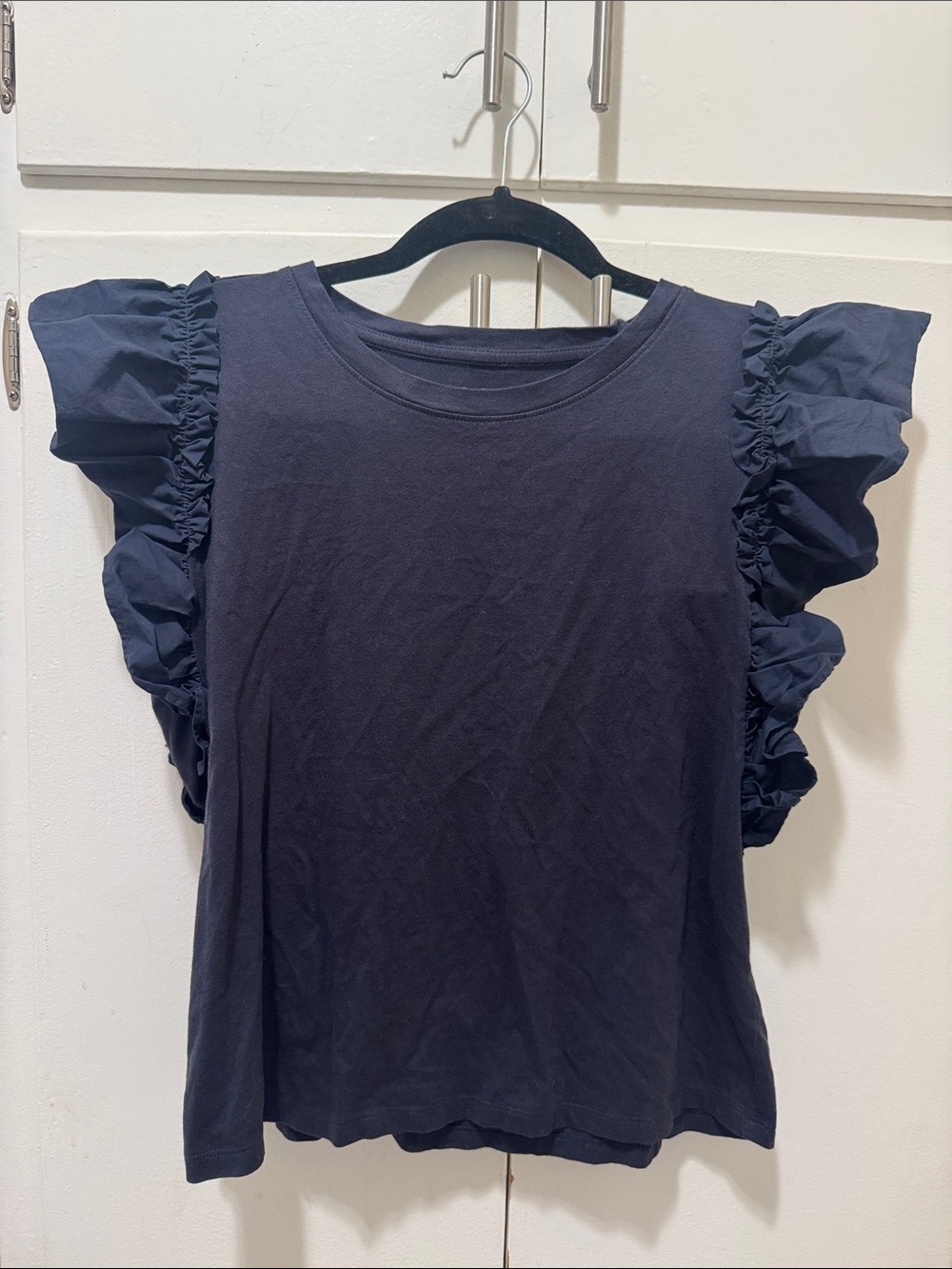 Women's Navy Ruffle Sleeve Cotton Top